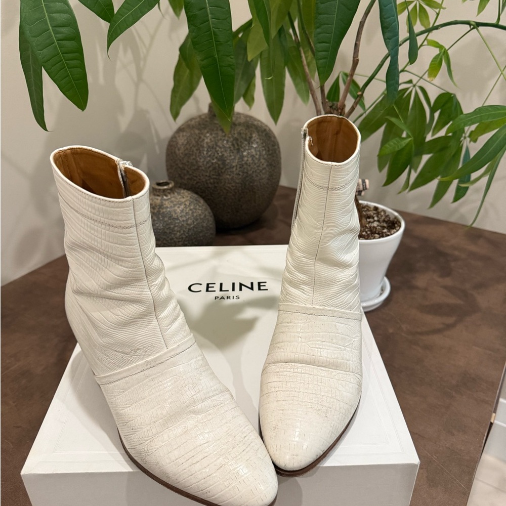 Celine White Ankle Boots with Gathered Texture